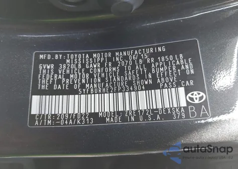 2015 Toyota Corolla S Plus из США, поврежденный, VIN 5YFBURHE2FP334904